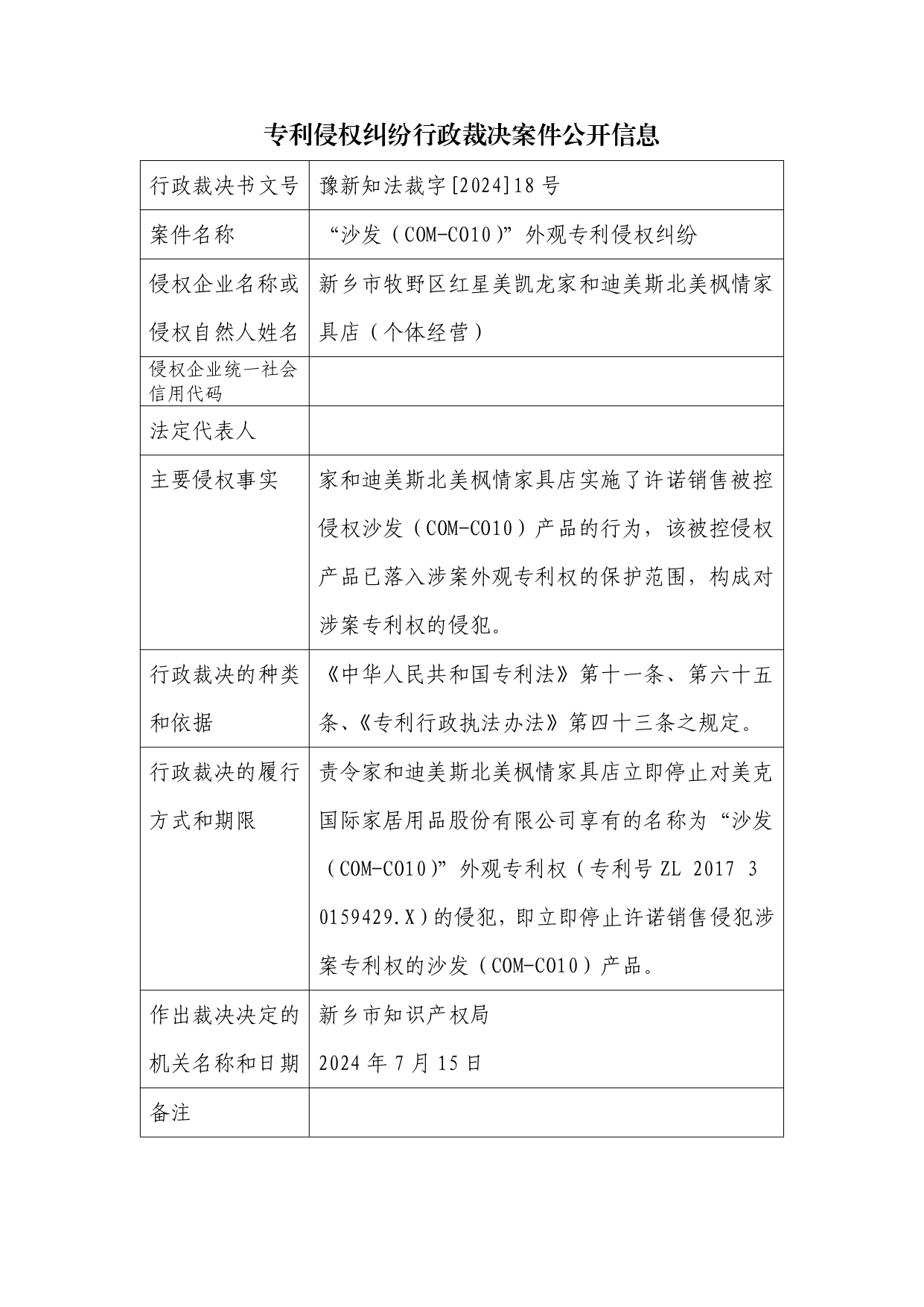 18号专利侵权纠纷行政裁决案件公开信息_page-0001