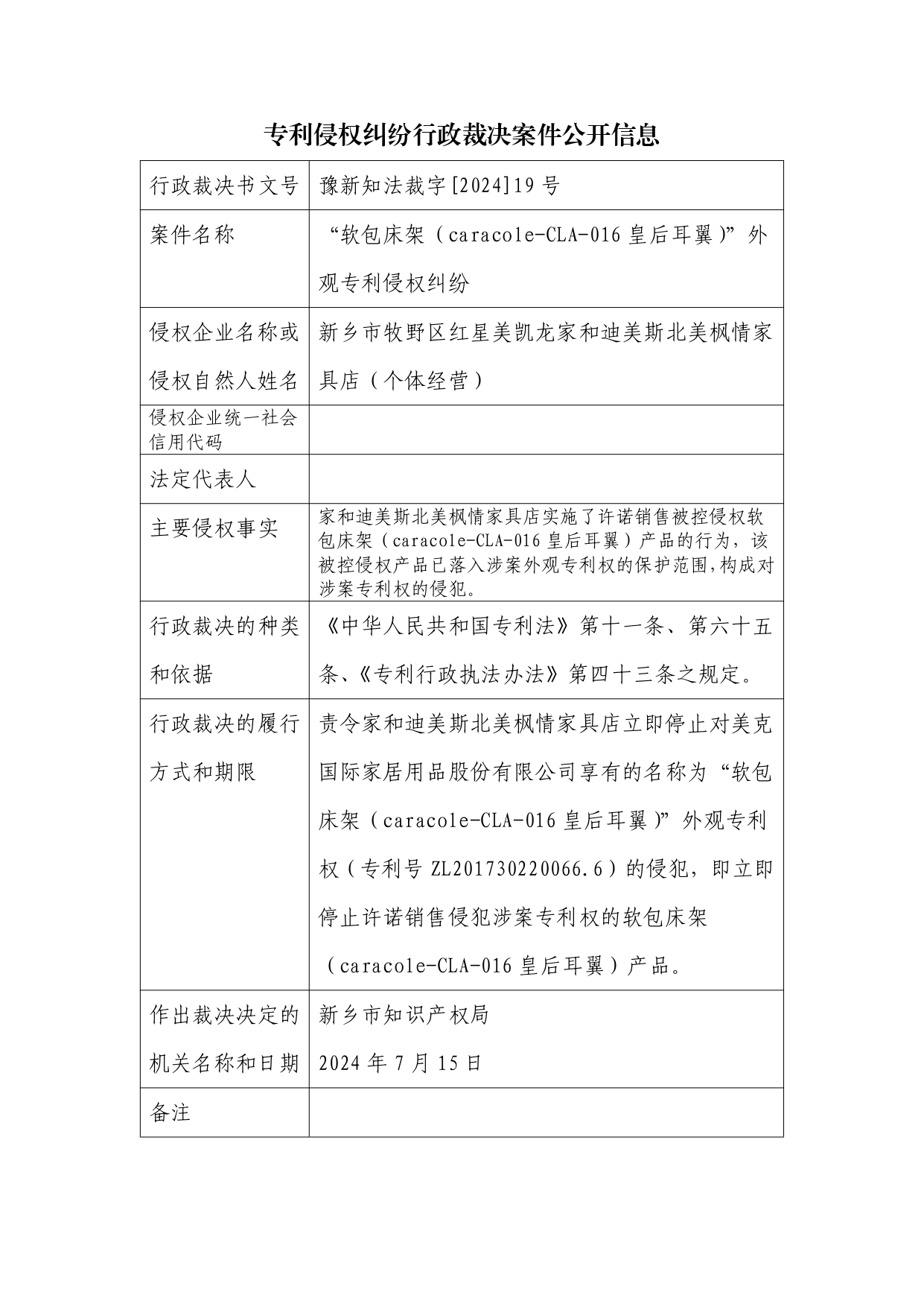 19号专利侵权纠纷行政裁决案件公开信息_page-0001